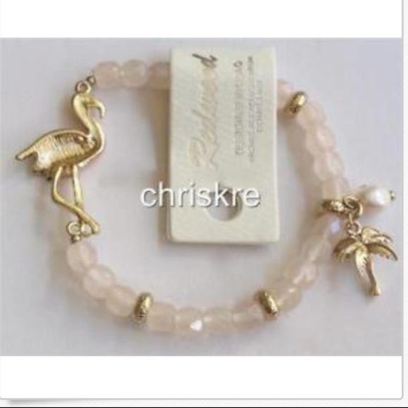 Pink Flamingo Charm Bracelet Freshwater White Pearl Palm Tree Gold Tone Beaded - Picture 7 of 9